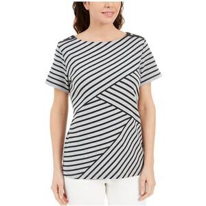 Karen Scott Asymmetrical Striped Top Smoke Black XL